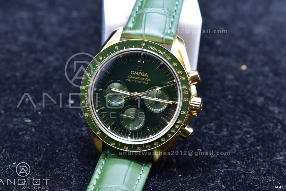 Green Manual in Dial Speedmaster RMF Green on Edition Moonwatch Leather Strap Best YG Gold Chrono Moonshine 1225